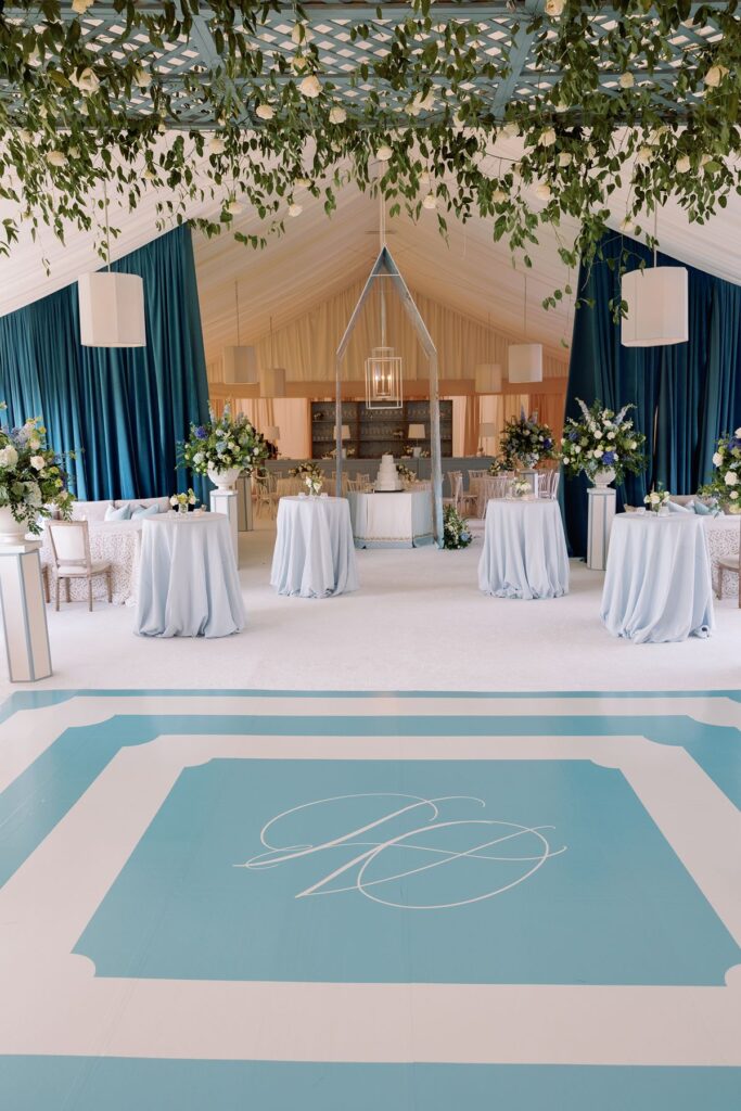 Custom dance floor at Mississippi luxury tent wedding.