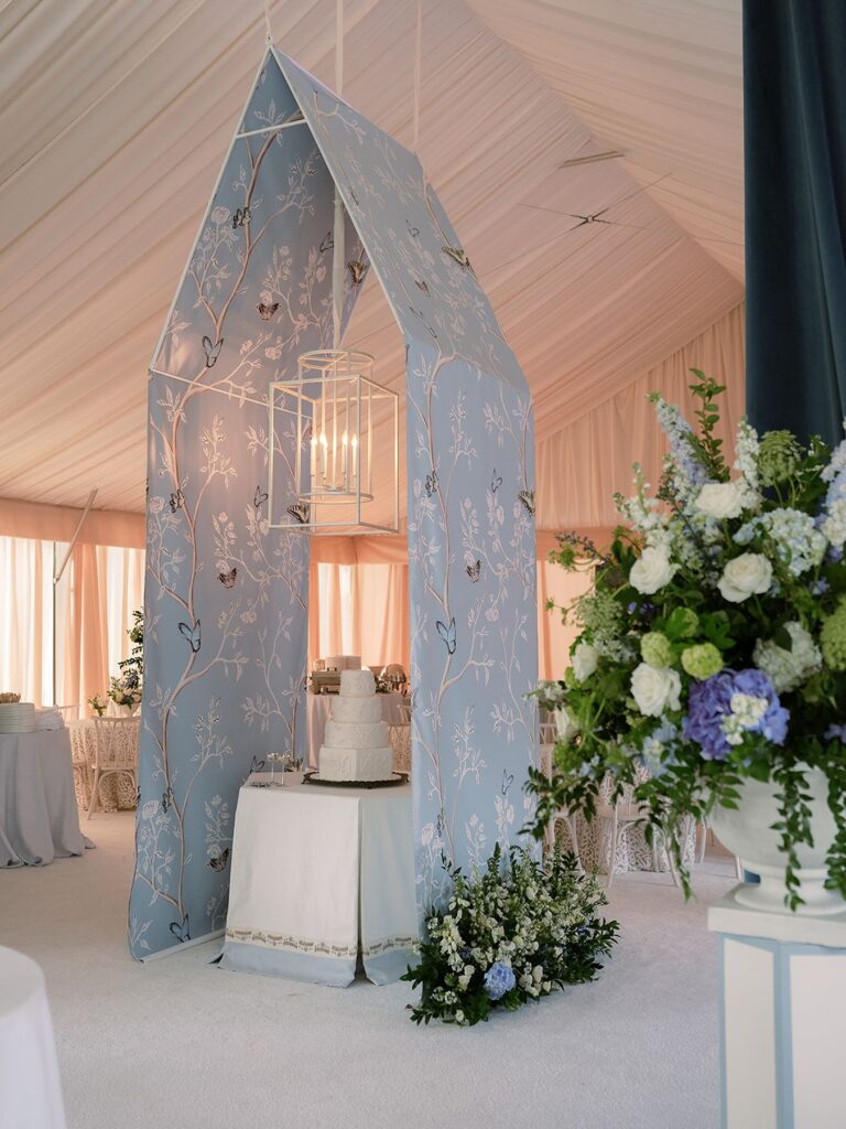 Cake table design at luxury tent wedding in Oxford MS.